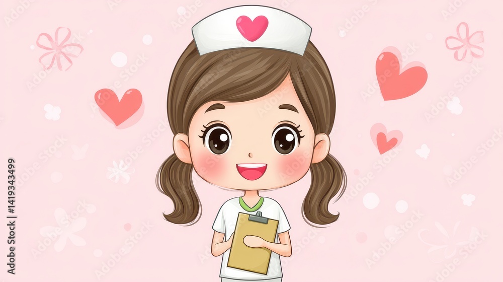 Smiling Cartoon Nurse with Clipboard and Hearts on Pink Background Smiling Cartoon Nurse with Clipboard and Hearts on Pink Background