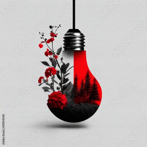 Illuminating Nature: A Bulb Filled with Forest and Flowers, Juxtaposing the Natural World with an Artificial Light Source.