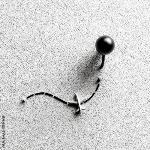 Obraz na płótnie Monochrome Travel Plan: Airplane Model Following Dotted Route to a Destination Marked by a Black Pin on Textured White Surface w salonie