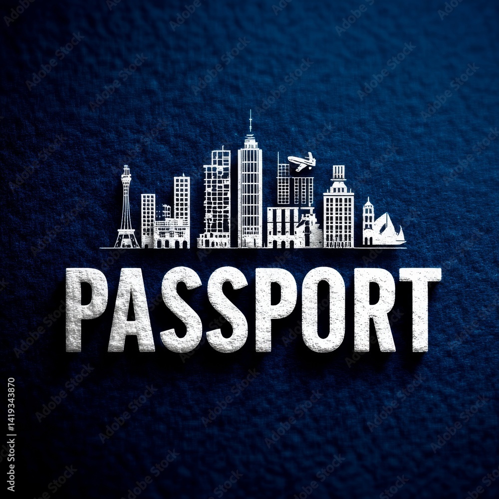 Passport to the World: Explore Skylines with International Travel Identification on a Textured Blue Background