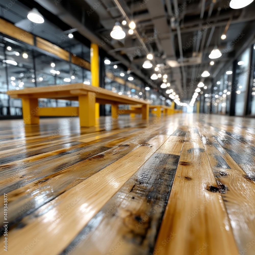 Perspective View of a Polished Wood Floor in a Modern Industrial Space with Yellow Benches and Ambient Lighting.