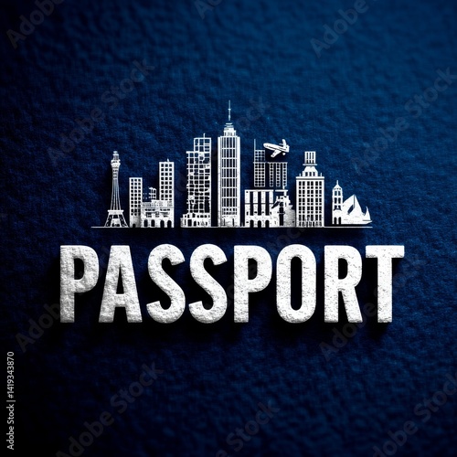 Obraz na płótnie Passport to the World: Explore Skylines with International Travel Identification on a Textured Blue Background w salonie
