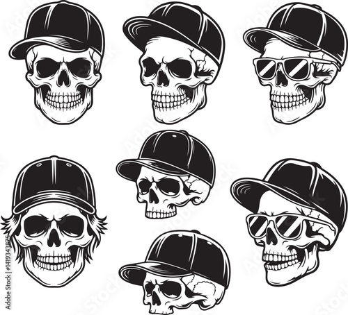 Vector silhouette illustration of skulls wearing caps, perfect for a trendy, urban design style