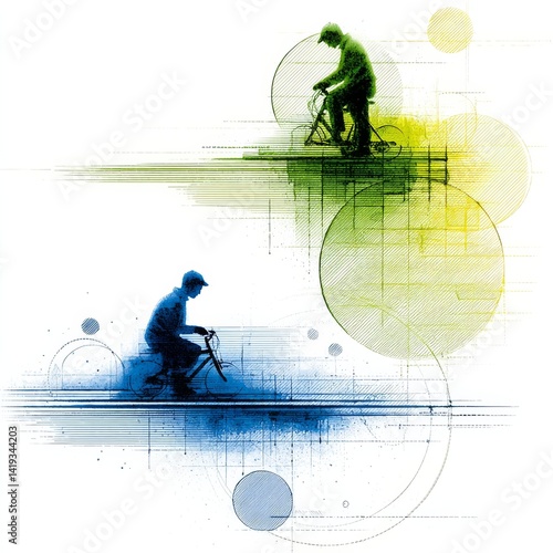 Riding Through Abstraction: Cyclists Amidst Geometric Forms and Vibrant Color Gradients in a Modern Art Composition