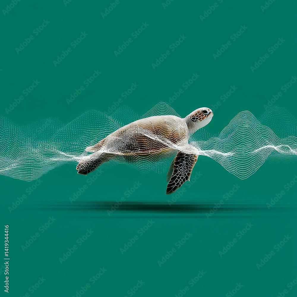 Sea Turtle in the Ocean with Abstract Waves, Conservation and Marine Wildlife Awareness Theme