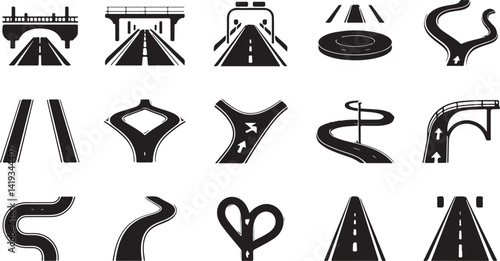 Silhouette vector illustration of road signs including roads, bridges, and traffic symbols, ideal for graphic design