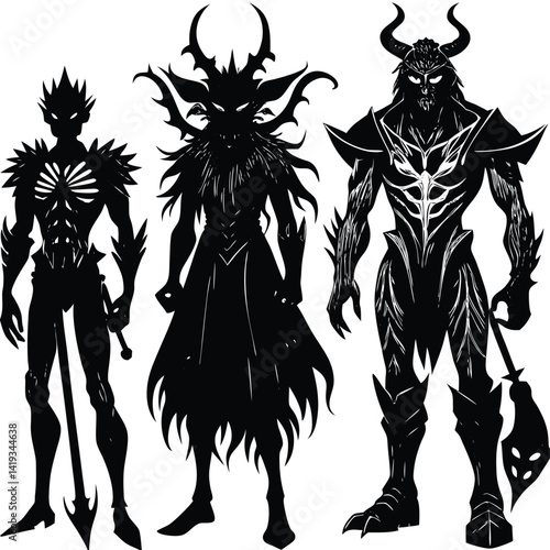 Silhouette Fantasy Creatures: Dark Art Illustration of Horned Monsters, Mythical Beings, and Shadowy Figures in Black and White
