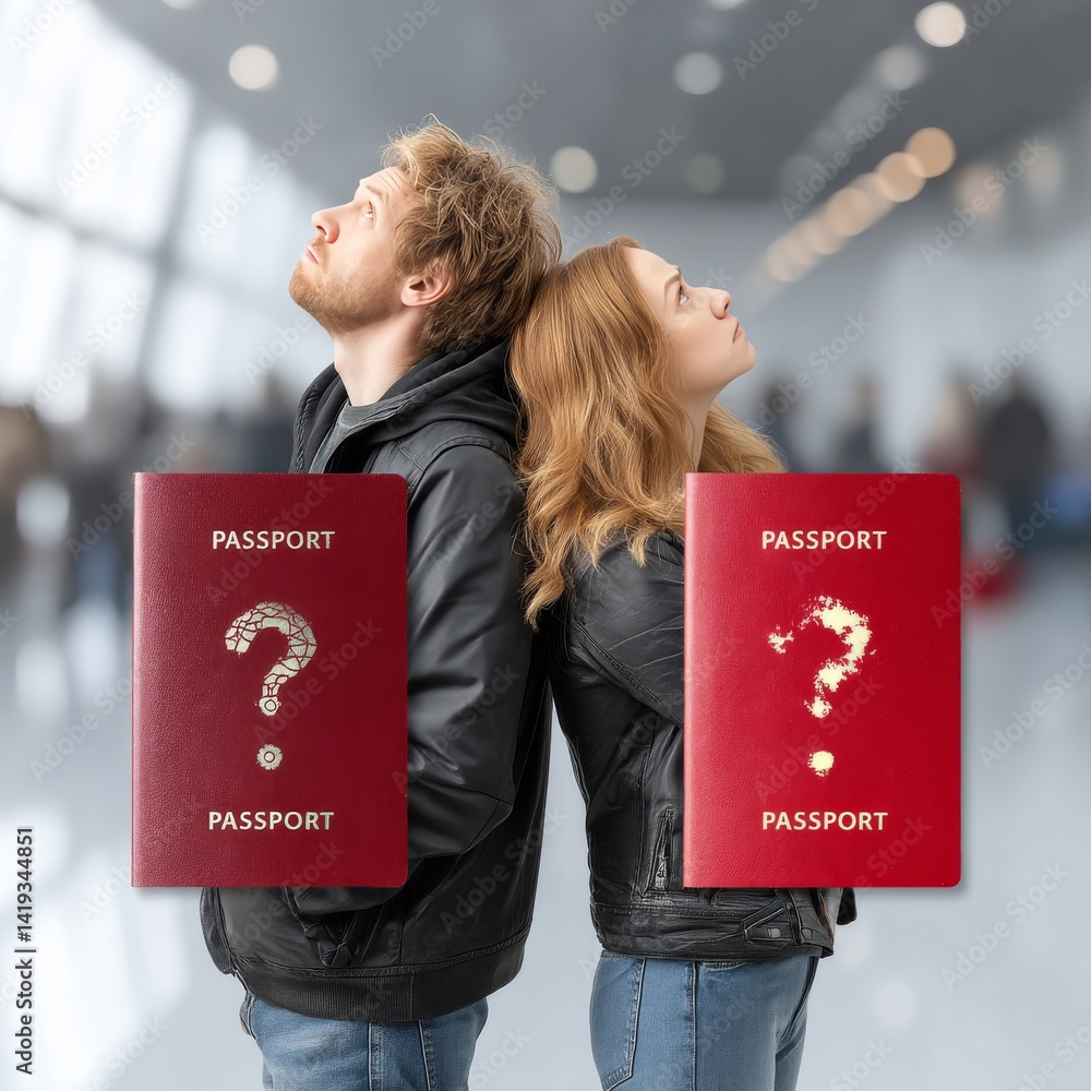 Travel Uncertainty: A Couple Holding Questionable Passports with Unsure Gaze in Airport