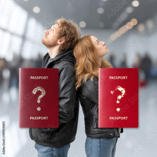 Obraz na płótnie Travel Uncertainty: A Couple Holding Questionable Passports with Unsure Gaze in Airport w salonie