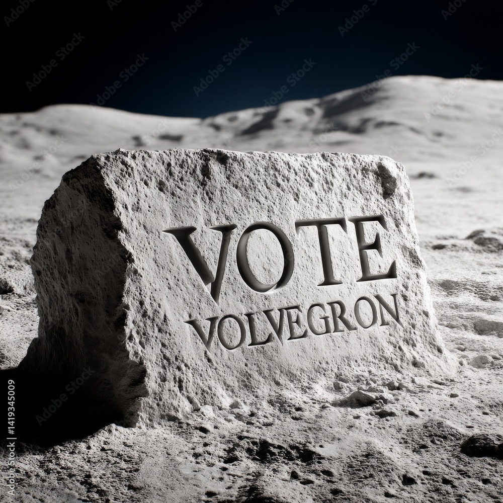 Vote Volvegron: A Call for Lunar Election Carved in Stone on the Moon's Surface, urging extraterrestrial civic engagement.