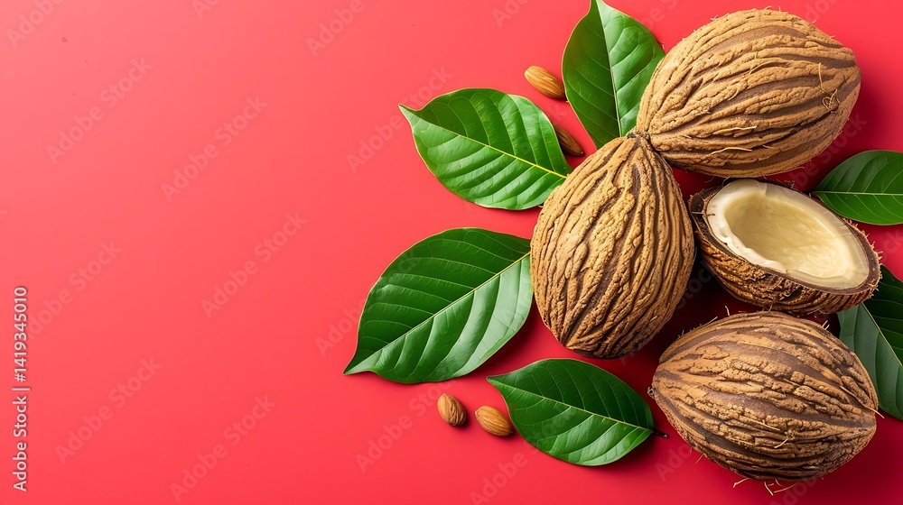 Artistic flat lay arrangement of tropical nuts and verdant foliage on vibrant backdrop Artistic flat lay arrangement of tropical nuts and verdant foliage on vibrant backdrop