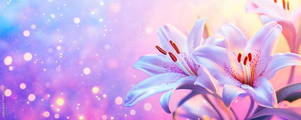 White lilies bloom against a dreamy, sparkling, blue, pink, & purple backdrop, for wallpaper White lilies bloom against a dreamy, sparkling, blue, pink, & purple backdrop, for wallpaper