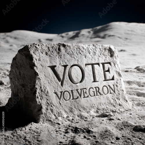 Vote Volvegron: A Call for Lunar Election Carved in Stone on the Moon's Surface, urging extraterrestrial civic engagement.