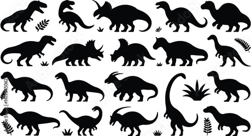 Dinosaur Silhouette Vector Collection with Prehistoric Animal Icons in Black