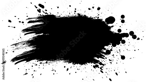 Black paint splatter on a white background showcasing artistic expression and creativity