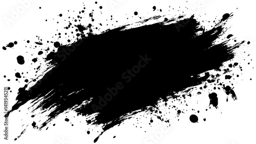 Bold black brush stroke with splatters on a white background for creative design projects