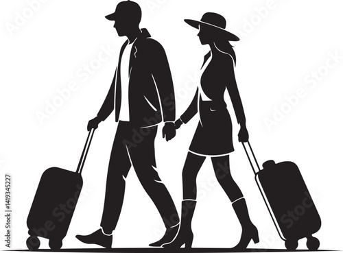 Traveling Couple Luggage Silhouette Vector Set with Vacation Icons in Black Minimal Style