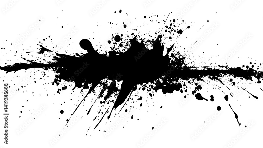 Dynamic black paint splatter on a white background showcasing artistic expression Dynamic black paint splatter on a white background showcasing artistic expression