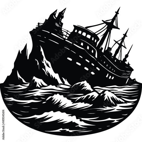 Shipwreck Illustration: Black & White Vector Image of a Ship Crashing on Rocks in a Stormy Sea - Nautical Art Print, Disaster Concept
