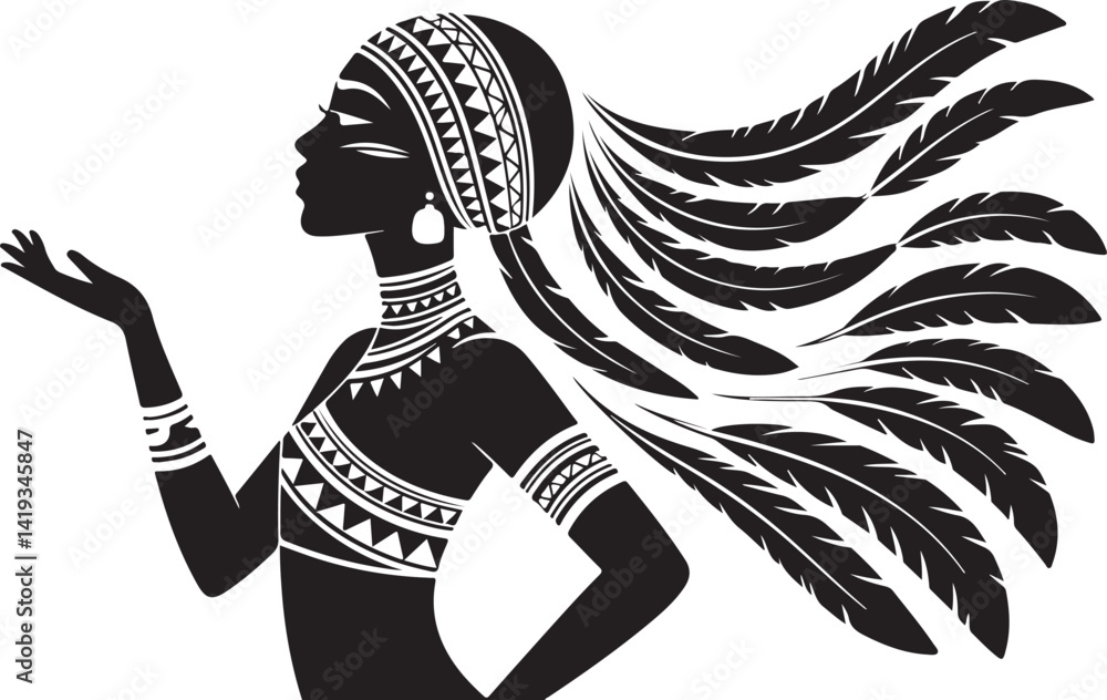 Fototapeta premium African Tribal Woman Silhouette Vector Pack with Bead Hair Icons in Black Minimal Style