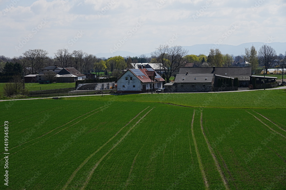 Farmland at Beskid Mountains near Goczalkowice reservoir in Poland Farmland at Beskid Mountains near Goczalkowice reservoir in Poland