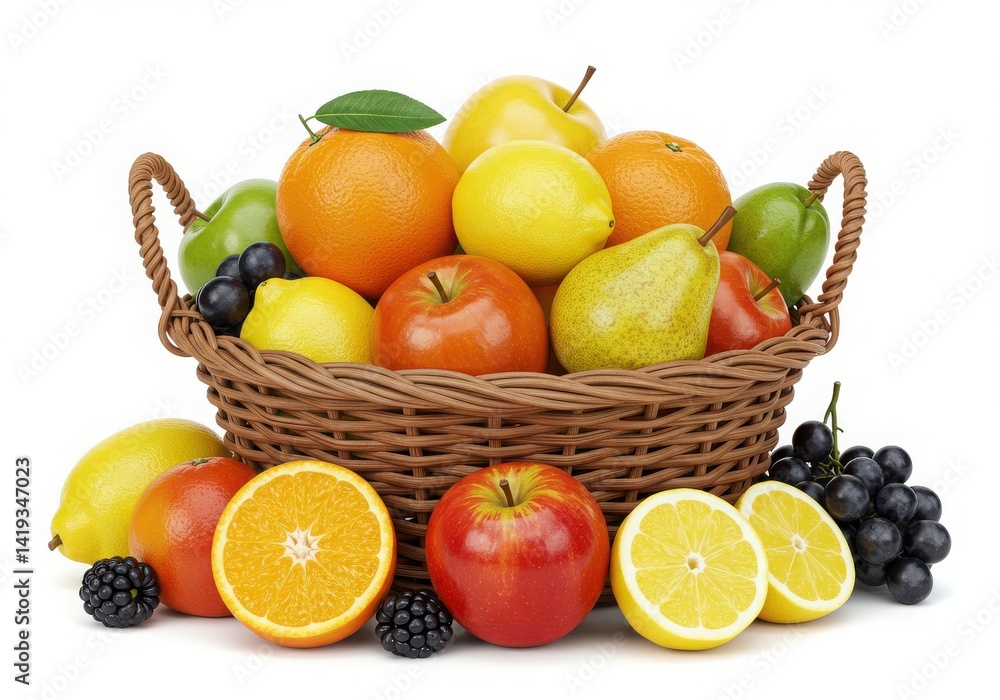 A wicker basket filled with a variety of fresh and colorful fruits isoleted on white background A wicker basket filled with a variety of fresh and colorful fruits isoleted on white background