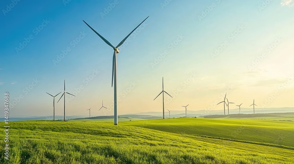 A group of wind turbines with blue sky background A group of wind turbines with blue sky background