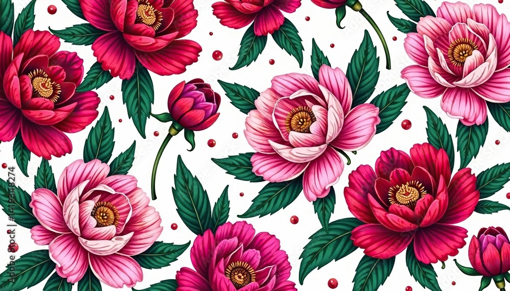 Intricate line art peonies in a dense, repeating design , elegant, black and white, repetitive