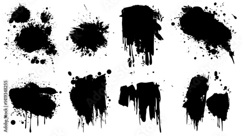Different patterns of black paint splatter on a white background showcasing art design possibilities