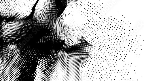 Abstract black and white design with dynamic dots and shapes in a textured pattern