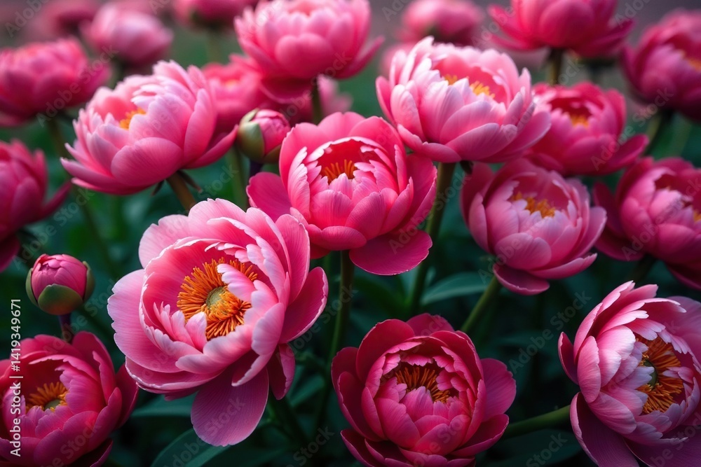 Fototapeta premium Bold peony blossoms, densely packed, vibrant hues, floral, fabric, print