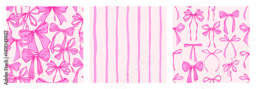 Pink Ribbon Bow and Stripes Seamless Pattern Set.  Hand-Drawn Rococo Soft and Feminine Pink Backgrounds. Romantic, Coquette Designs. Perfect for Fabric, Stationery, Wrapping, and Digital Projects.