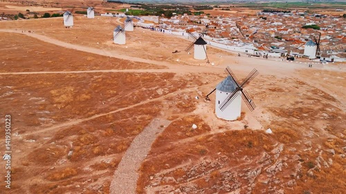 Aerial view of the windmills of Campo de Criptana, Castilla-La Mancha, Spain.