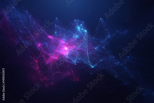 Vibrant abstract background with pink and blue glowing fibers on dark surface. Flowing light grid, soft lines and depth. Ideal for tech, sci-fi, and digital design themes.
