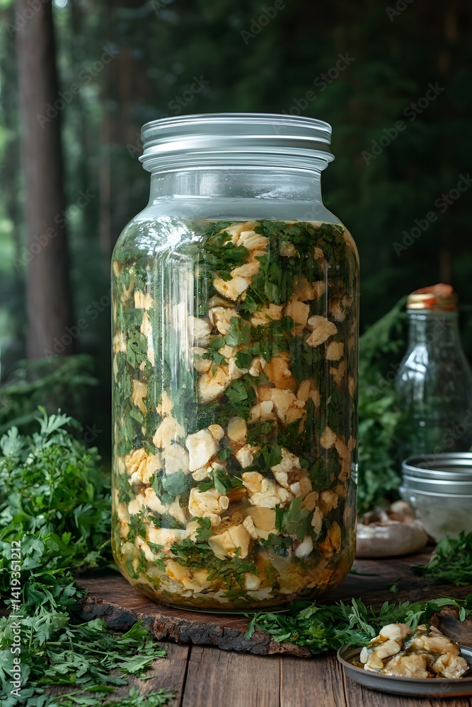 Preserved Eggs with Herbs in Glass Jar, Forest Background Preserved Eggs with Herbs in Glass Jar, Forest Background