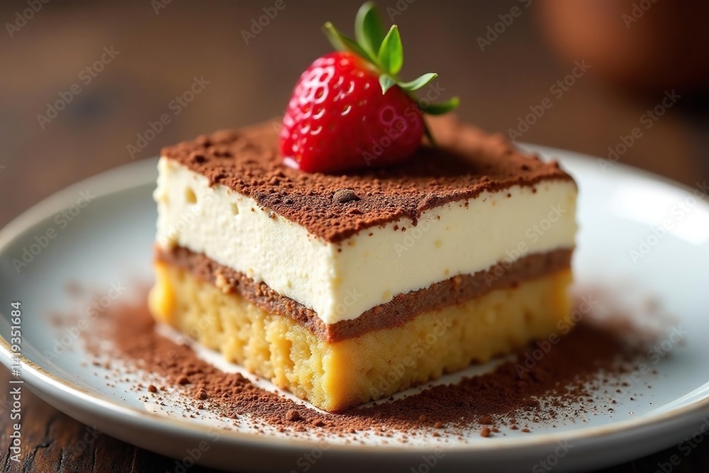 Individual tiramisu portion, dusted with cocoa, showcasing texture , rich, italian Individual tiramisu portion, dusted with cocoa, showcasing texture , rich, italian