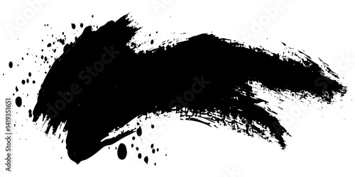 Large black paint brush stroke with splatters on white background