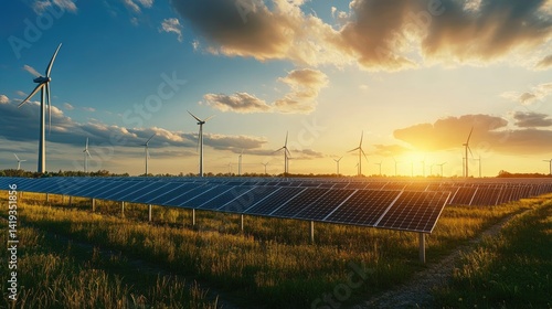A renewable energy farm with rows of wind turbines and solar panels