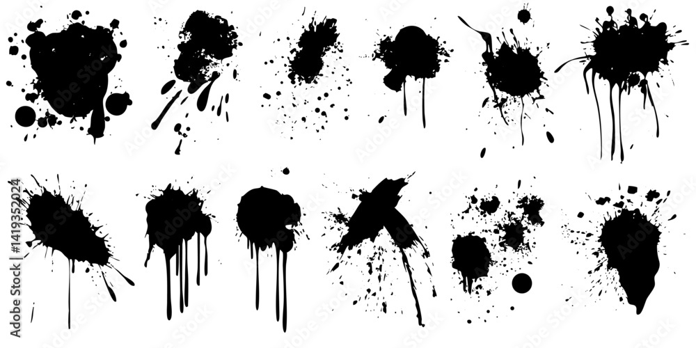 Various black ink splatters and stains showcasing different shapes and sizes on a white background Various black ink splatters and stains showcasing different shapes and sizes on a white background