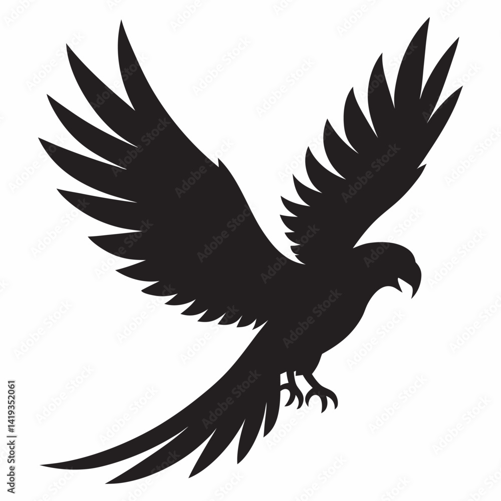 Fototapeta premium A parrot soaring high wings wide and tail feathers trailing silhouette