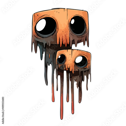Vector illustration of a drippy doppelganger with melting, duplicated features, eerie horror