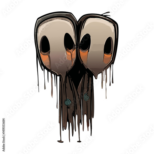 Vector illustration of a drippy doppelganger with melting, duplicated features, eerie horror