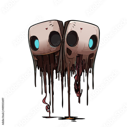 Vector illustration of a drippy doppelganger with melting, duplicated features, eerie horror