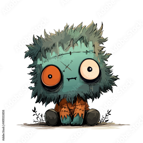 Vector illustration of a fluffy Franken with stitched fur and button eyes, cute Frankenstein