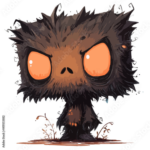 Vector illustration of a furry bogeyman with shaggy fur and glowing eyes, childhood nightmare