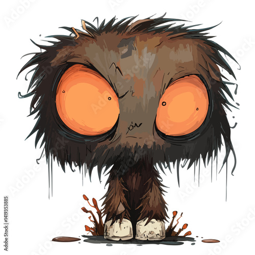 Vector illustration of a furry bogeyman with shaggy fur and glowing eyes, childhood nightmare