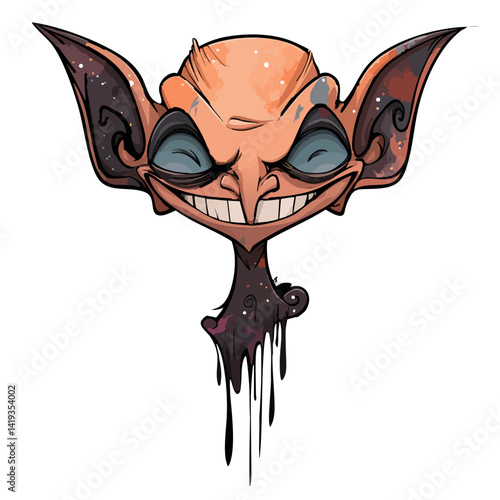 Vector illustration of a glitter goblin with sparkly skin and a mischievous grin, fantasy trickster