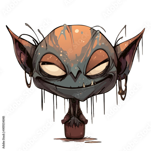 Vector illustration of a glitter goblin with sparkly skin and a mischievous grin, fantasy trickster