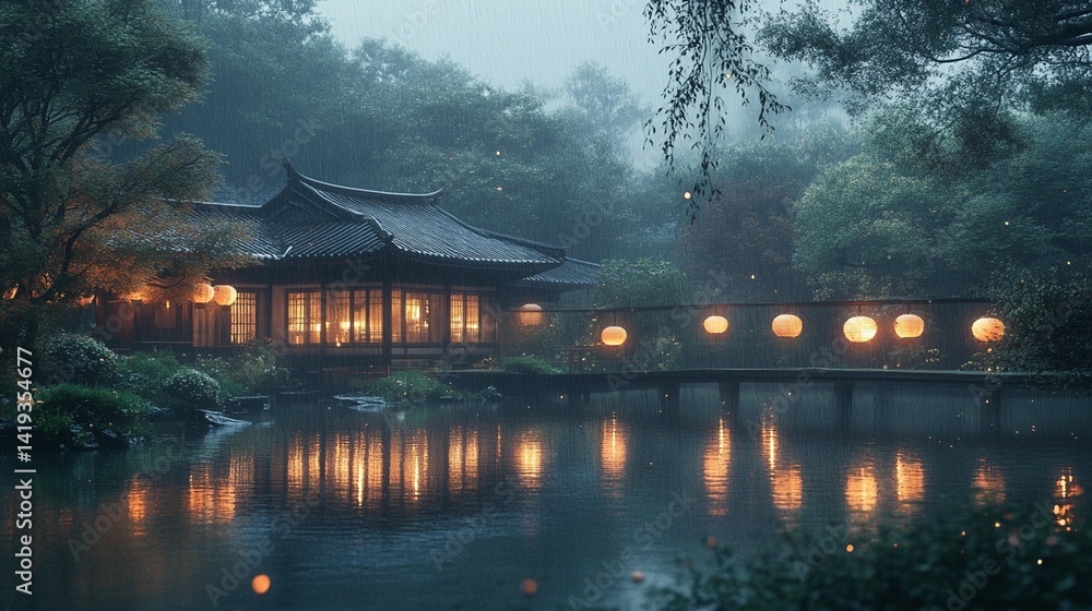 Fototapeta premium Rainy Night Garden Pavilion