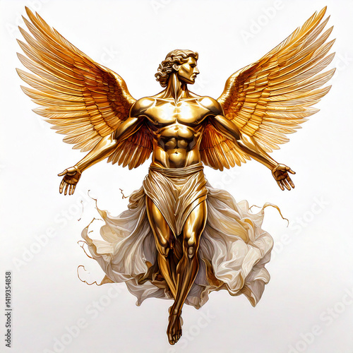 golden handmade figure flying icarus me with wings isolated on white